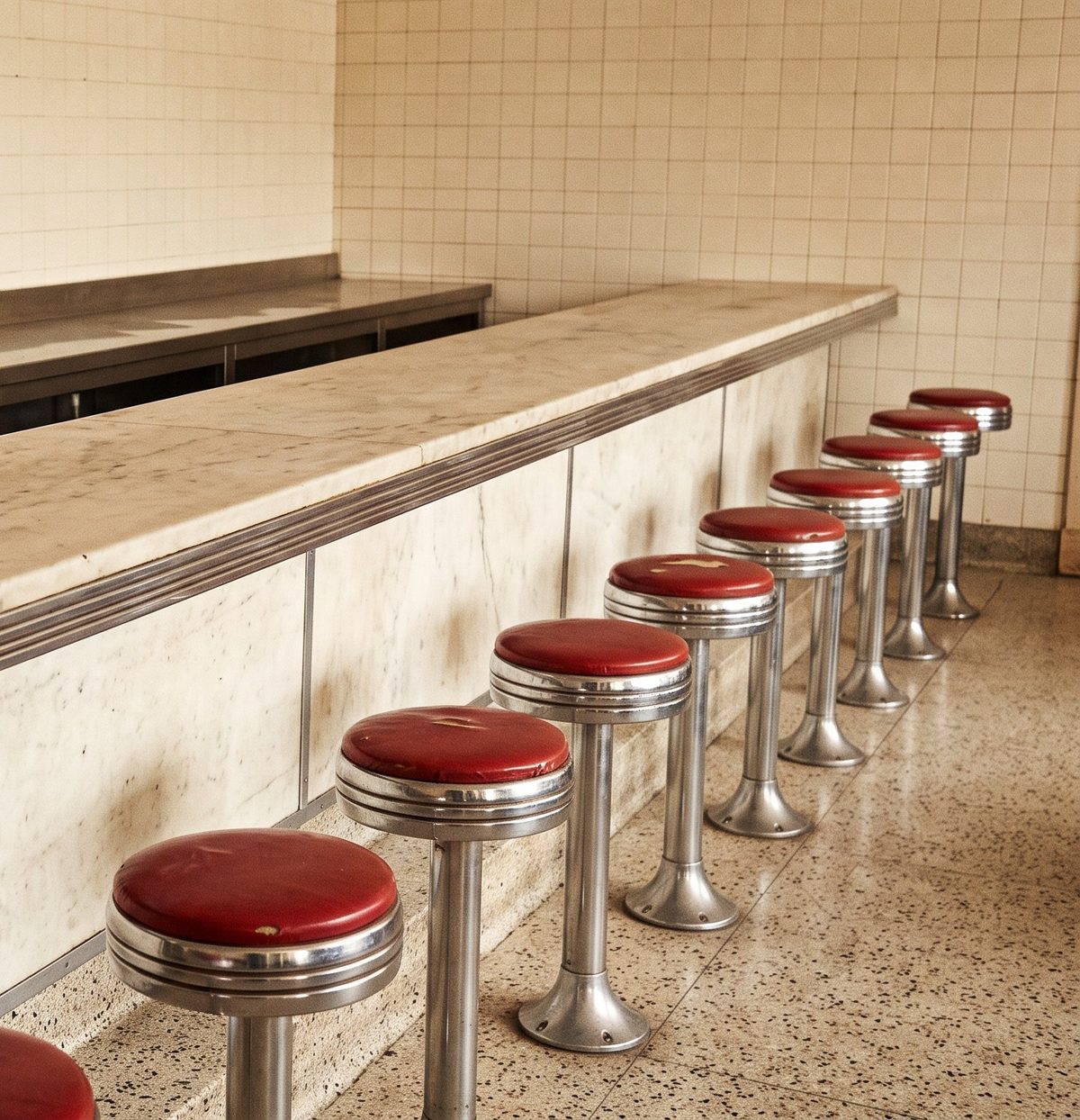 Image of an old soda-fountain counter with a row of empty red stools