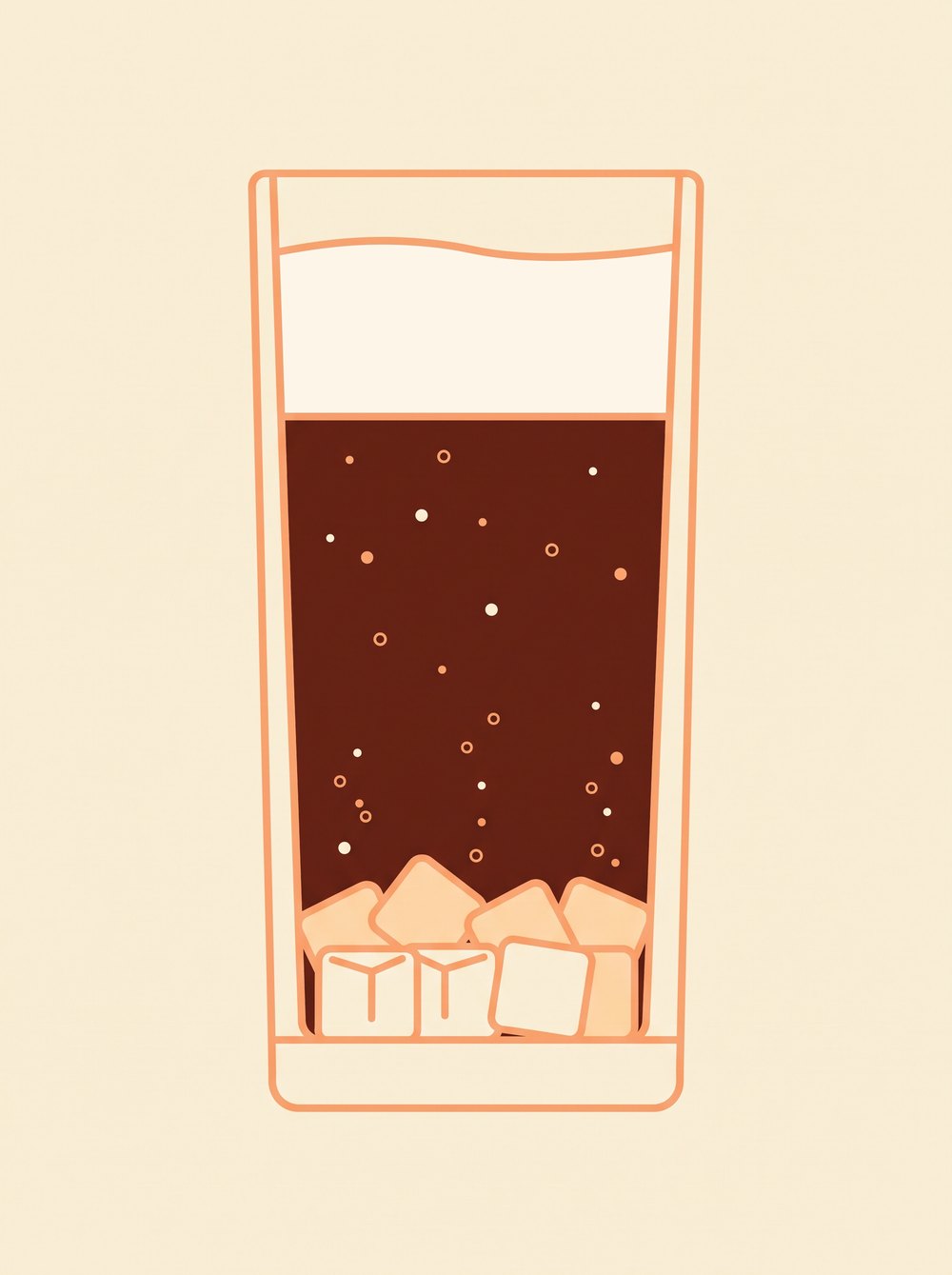 Side-on illustration of a tall glass in cross-section: ice at the bottom, dark cola above it and a layer of cream on top